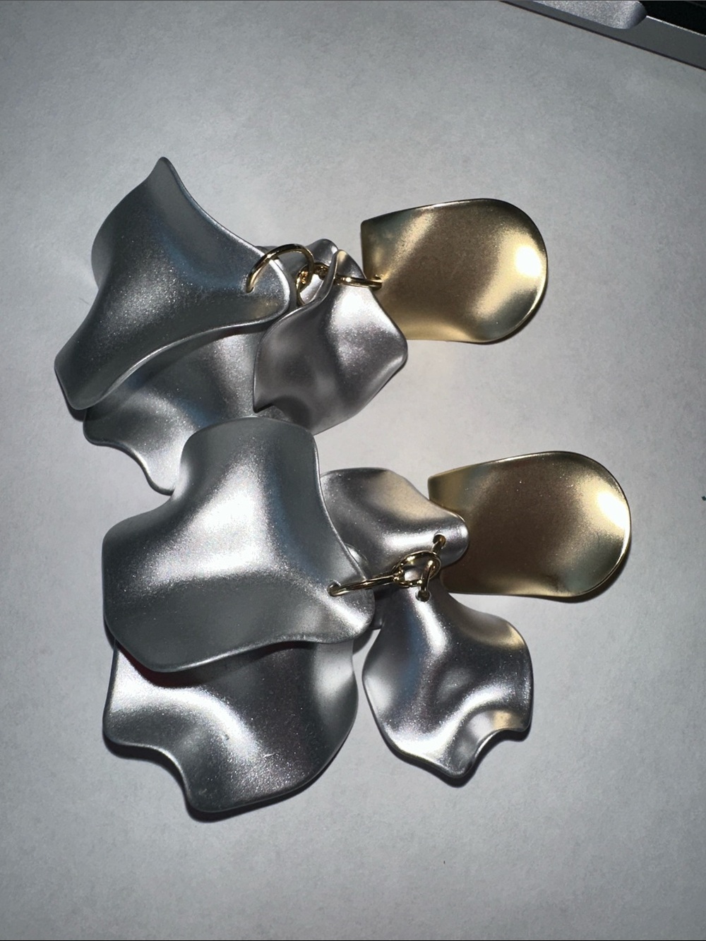 Sculptural Metallic Petal Drop Earrings - Silver & Gold